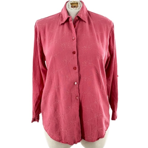 Napa Valley top L pink coral 55% linen floral button down coastal 90s vintage